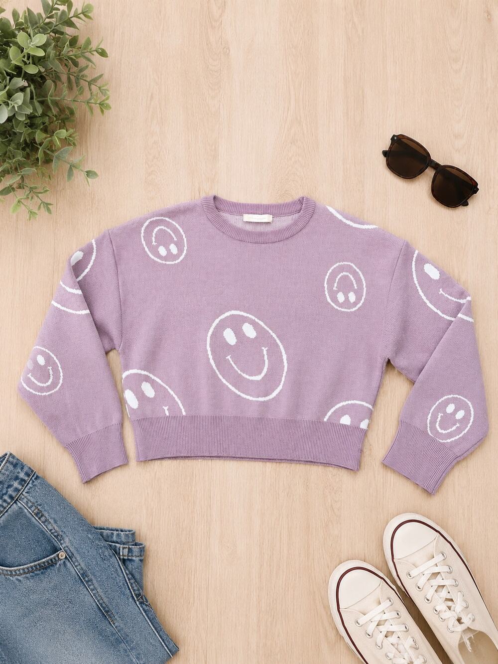 Altar’d State Smiley Face Sweater – XS – Lavender Cropped Knit Pullover